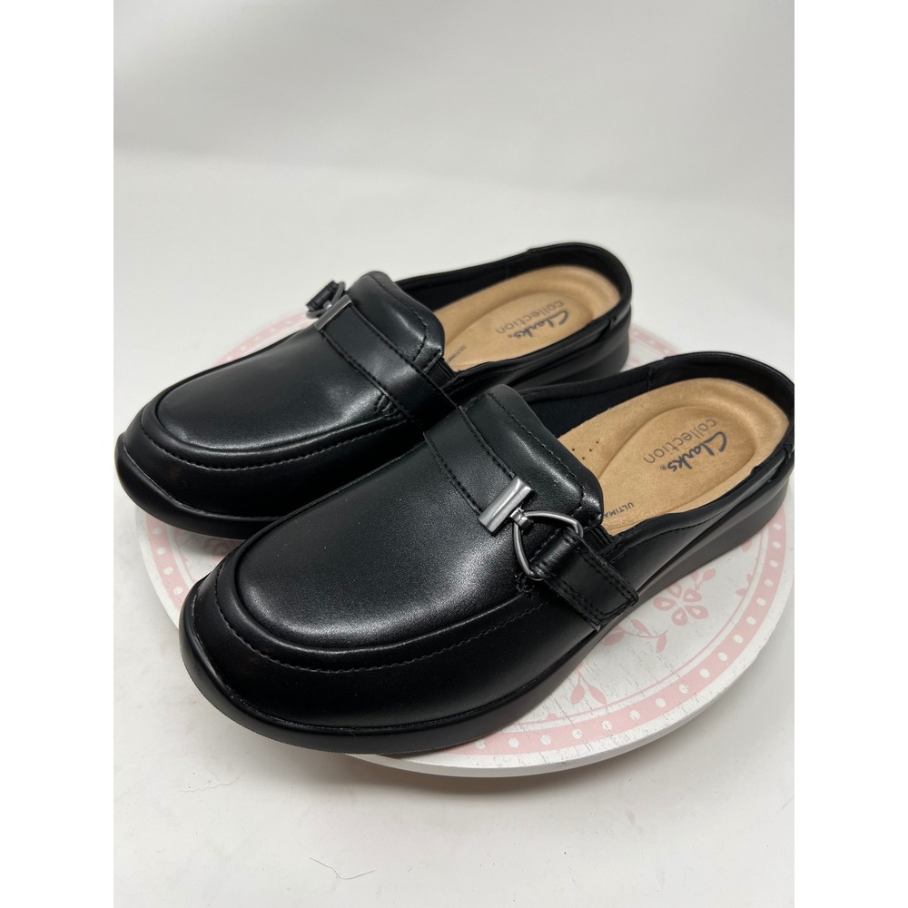 CLARKS Ellowyn Amelia Mules Women Size 8 Black Leather Comfort Slip On Shoes NWT